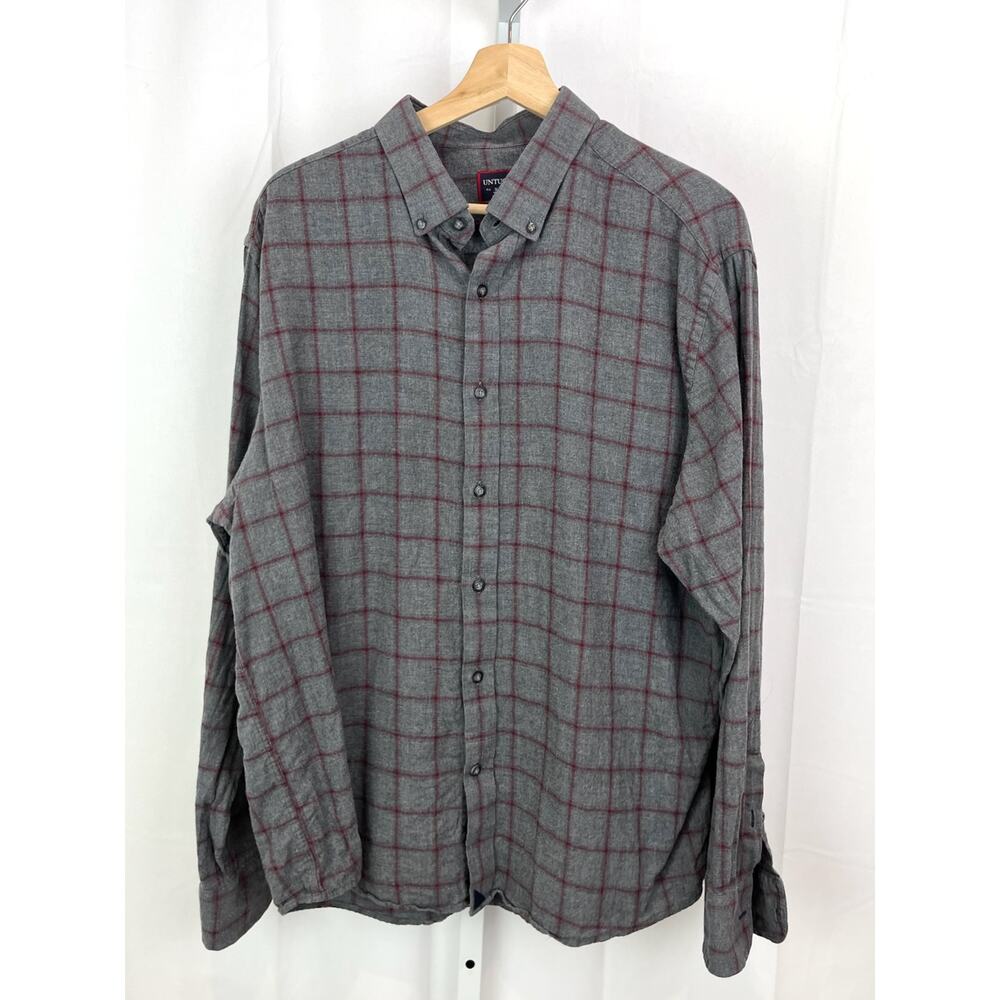 UNTUCKIT  Size XL Windowpane Check Button Down Long Sleeve Shirt Cotton Gray Red
